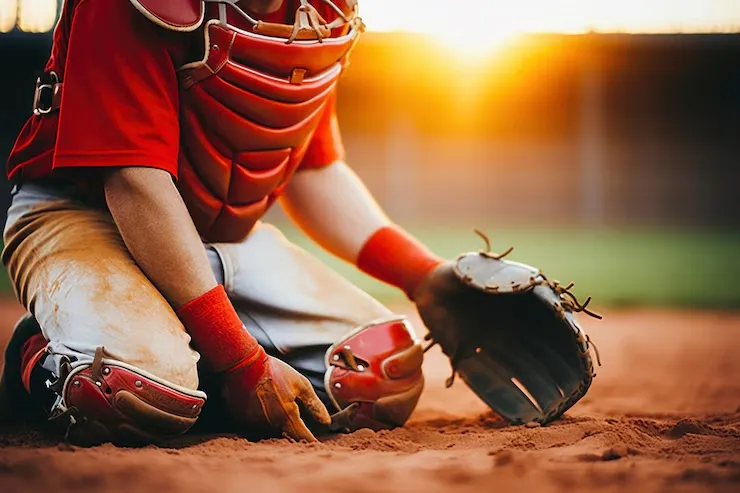 A baseball catcher in red uniform and gear kneels on the dirt field, looking down, with the sun setting brightly in the background.