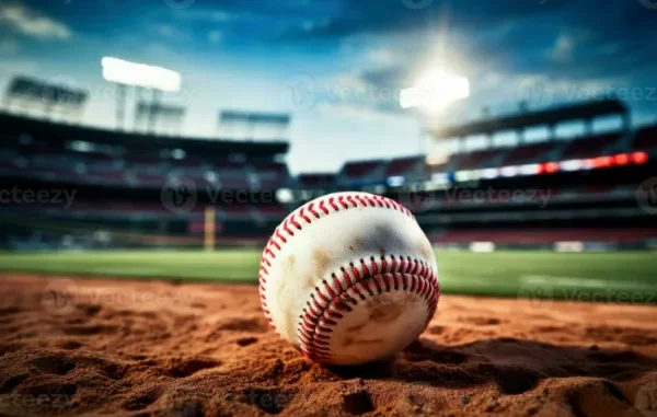 Embracing the Baseball Lifestyle A close-up, low-angle view of a baseball resting on the dirt of a baseball field, with the blurred background showing stadium lights and empty stands, evoking the atmosphere of the game.