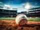 A close-up, low-angle view of a baseball resting on the dirt of a baseball field, with the blurred background showing stadium lights and empty stands, evoking the atmosphere of the game.