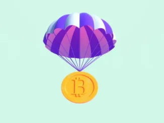 A golden Bitcoin symbol coin descends from the sky attached to a purple and white parachute against a light blue background, symbolizing a cryptocurrency airdrop.