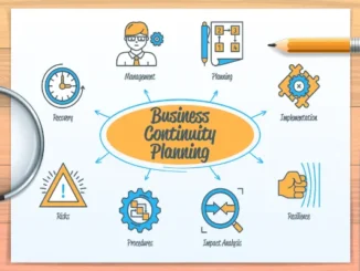 An illustration showing a mind map for "Business Continuity Planning" with interconnected concepts including Management, Planning, Implementation, Resilience, Impact Analysis, Procedures, Risks, and Recovery.