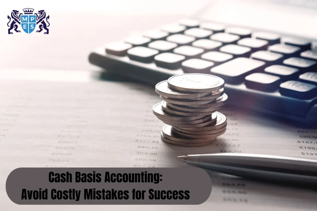 Close-up of coins, a pen, and a calculator on a financial statement, representing the practical aspects of cash basis accounting and financial management.
