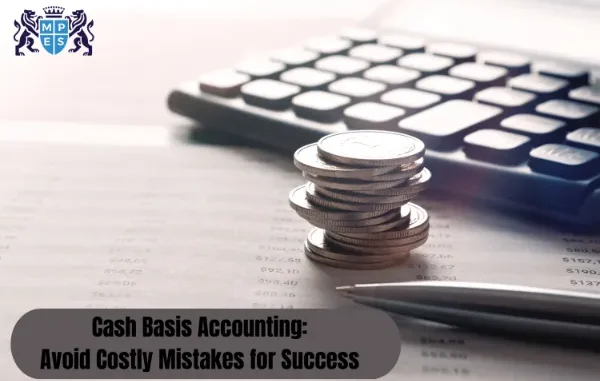 Cash Basis Accounting: Avoid Costly Mistakes for Success A stack of coins and a pen on a financial document with numbers, alongside a calculator in the background, symbolizing financial calculations and accounting.