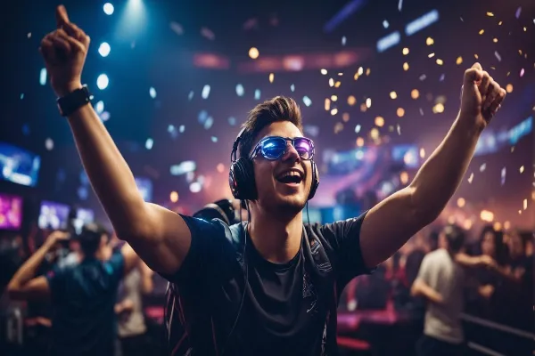 A young man with reflective blue sunglasses and headphones raises his arms in triumph amidst falling confetti, celebrating a win in a brightly lit casino or gaming arena.