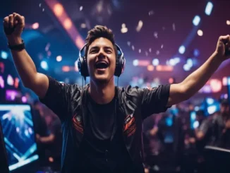A young man wearing headphones and a gaming jersey cheers enthusiastically with his arms raised, surrounded by confetti and the blurred lights of a vibrant casino or gaming event.