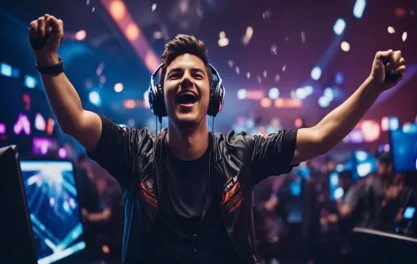 A young man wearing headphones and a gaming jersey cheers enthusiastically with his arms raised, surrounded by confetti and the blurred lights of a vibrant casino or gaming event.