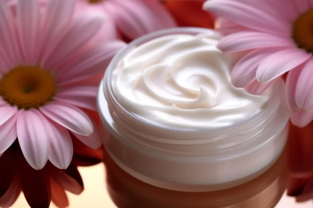 A close-up of a jar of white, creamy moisturizer surrounded by several vibrant pink flowers, suggesting gentle and effective skincare.