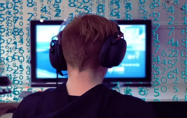 Decoding Championship CS2 Settings A gamer wearing a headset looks at a screen with numerical data overlaid, symbolizing the technical and detailed nature of optimizing CS2 settings.