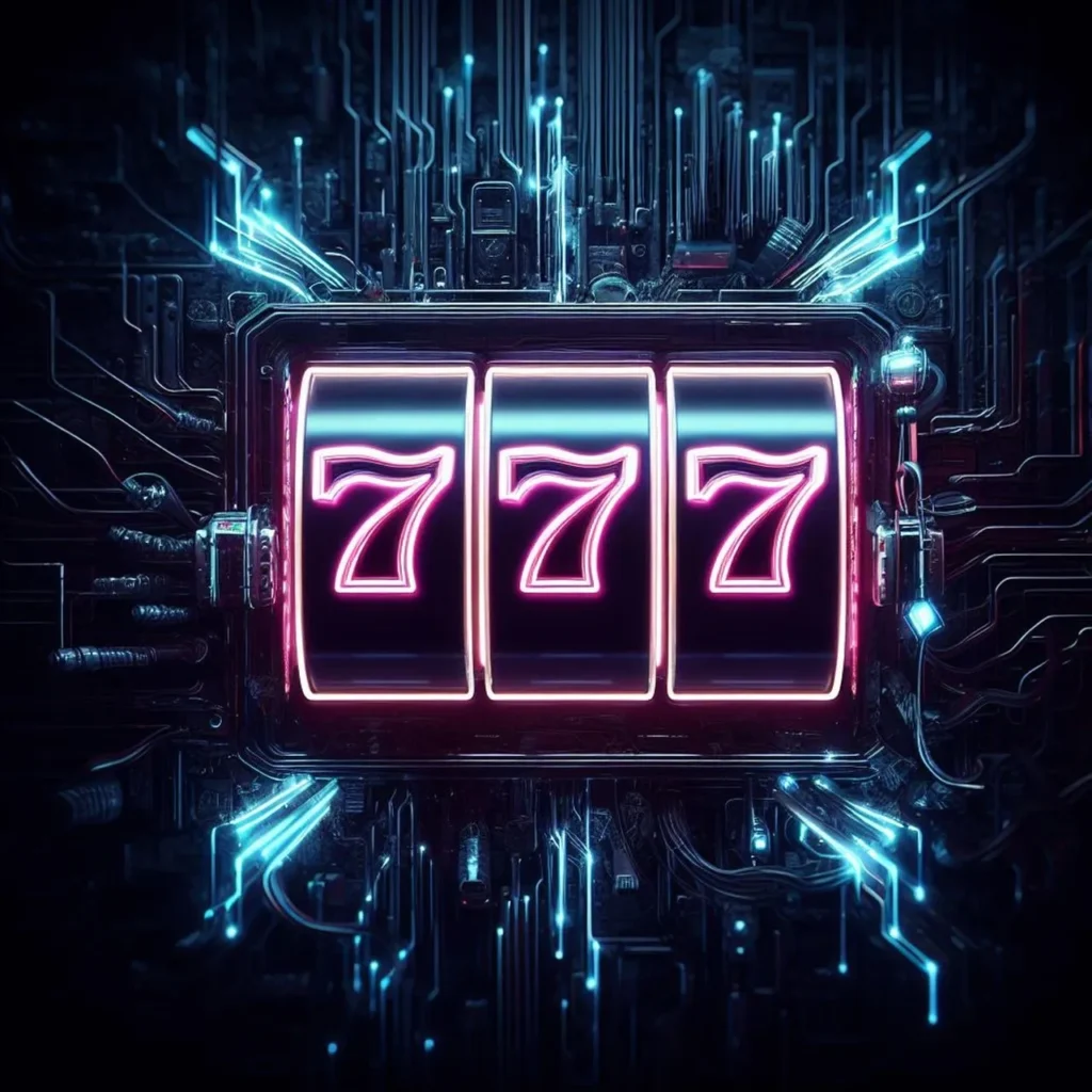 A digital illustration of a glowing pink "777" slot machine display, integrated into a futuristic circuit board with blue neon lines, symbolizing online slot gaming.