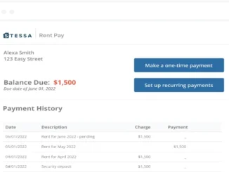 A screenshot of an online rent payment portal showing a tenant's balance due of $1,500, options for one-time or recurring payments, and a payment history table.