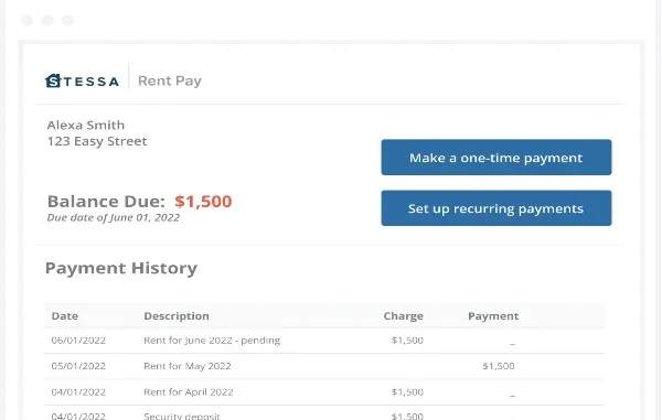 A screenshot of an online rent payment portal showing a tenant's balance due of $1,500, options for one-time or recurring payments, and a payment history table.