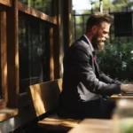 A businessman with a beard intensely uses a laptop at an outdoor cafe table, with sunlight streaming through nearby windows.