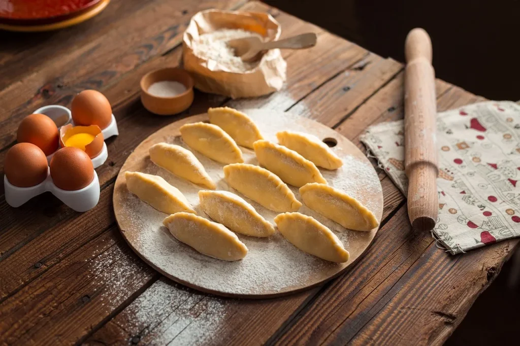 Uncooked dough pastries laid out on a wooden cutting board, surrounded by ingredients like flour, eggs, and a rolling pin, on a rustic wooden table.