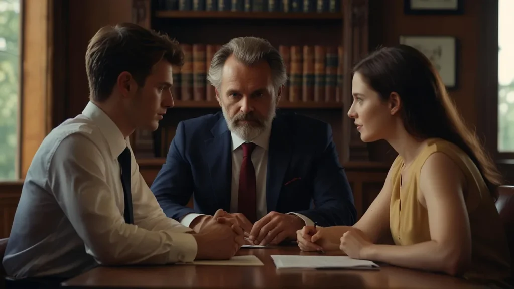 A couple sitting across a table from a lawyer in an office setting, looking thoughtful and engaged in discussion, symbolizing a focused approach to divorce proceedings.