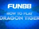 FUN88 logo with text "HOW TO PLAY DRAGON TIGER" on a blue background with subtle dragon and tiger imagery.