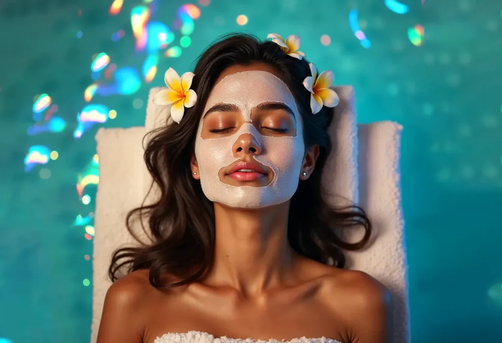 A woman with a calming white facial mask and two delicate yellow-and-white flowers in her hair, promoting a gentle approach to managing oily and acne-prone skin.