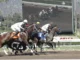 Three jockeys on horseback race neck-and-neck on a dirt track, with a large screen in the background showing another horse race in progress.