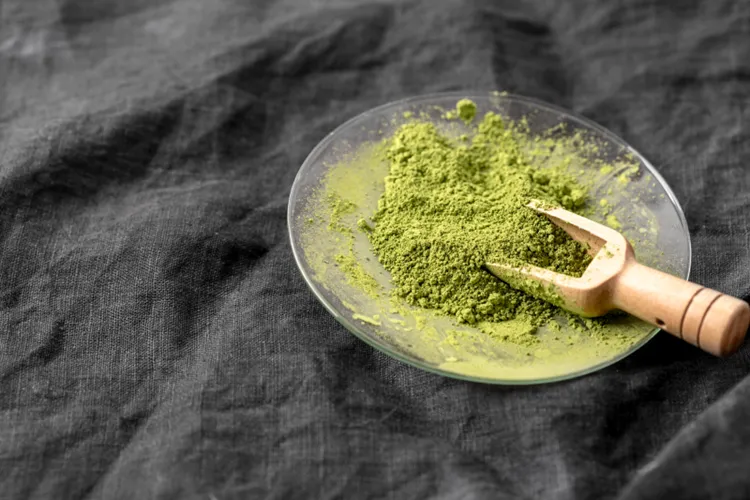 Green kratom powder on a clear glass dish with a small wooden scoop, resting on dark grey fabric.