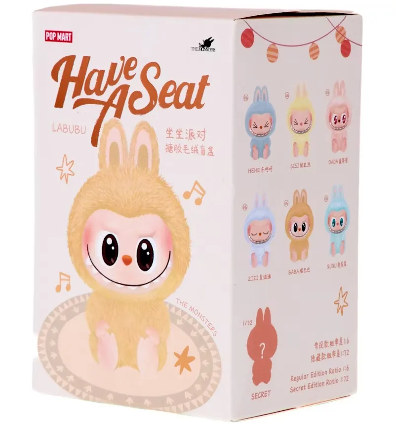 A POP MART "Labubu Have a Seat" blind box, featuring a fluffy, smiling Labubu figure on the front and illustrations of various other collectible characters from the series on the side.