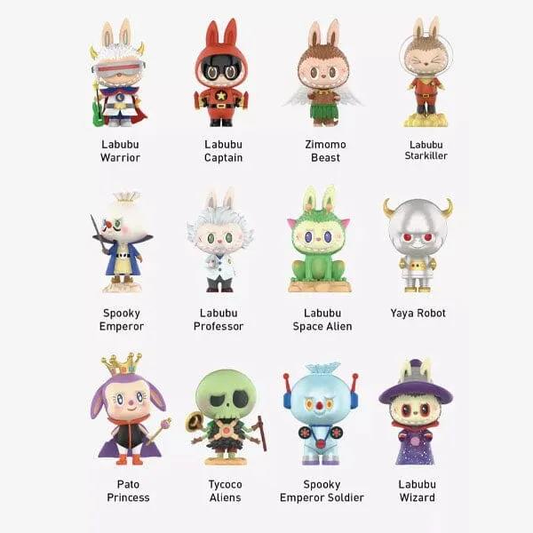 A grid display of twelve different POP MART Labubu and "The Monsters" collectible figures, each with unique costumes and names like "Labubu Warrior," "Labubu Space Alien," and "Pato Princess."