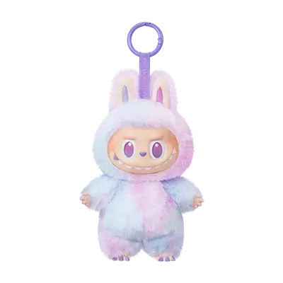 A fluffy Labubu plush keychain with pastel pink, blue, and purple fur, featuring its signature mischievous face and large ears.