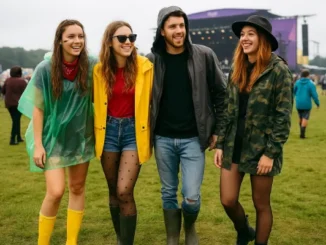 Four friends smiling and walking across a grassy field at a music festival, wearing rain gear including a transparent green poncho, a yellow raincoat, a grey hoodie, and a camouflage print rain jacket, all paired with wellington boots, with a stage visible in the background.