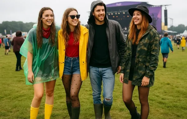 Festival Fashion: Dry and Stylish at Leeds Four friends smiling and walking across a grassy field at a music festival, wearing rain gear including a transparent green poncho, a yellow raincoat, a grey hoodie, and a camouflage print rain jacket, all paired with wellington boots, with a stage visible in the background.