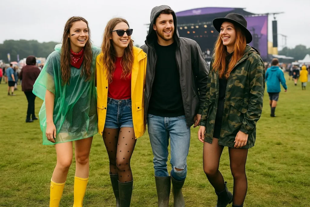 Four smiling young adults at an outdoor music festival, dressed in various rain gear including ponchos, raincoats, hoodies, and wellington boots, with a stage in the background.