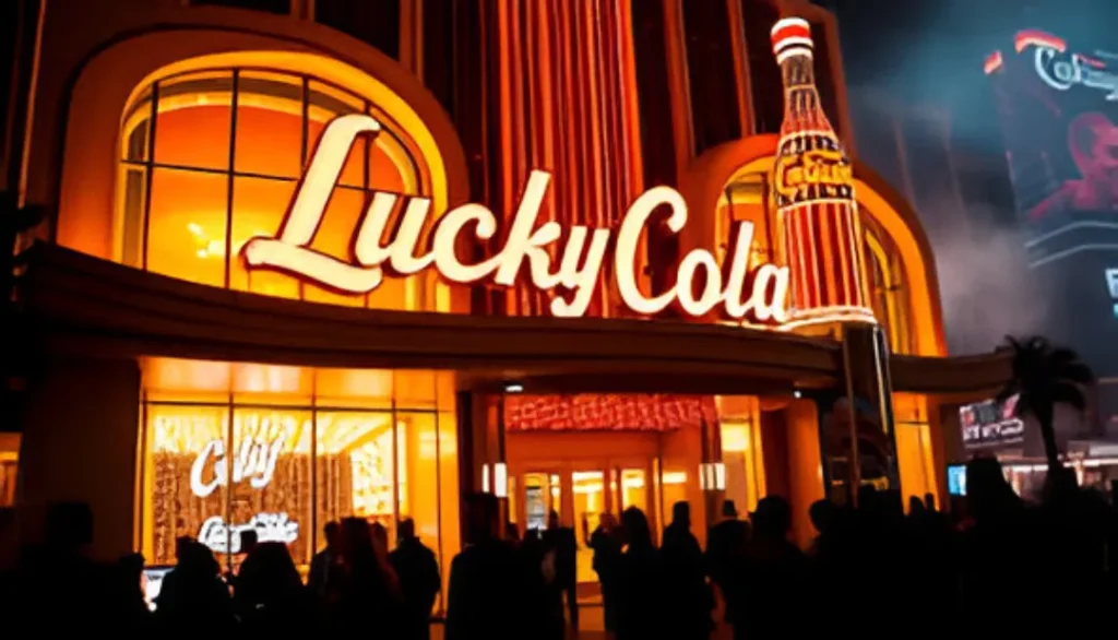 The illuminated exterior of a building with a large "Lucky Cola" sign, featuring a giant cola bottle graphic, at night. Silhouetted people are visible in front of the entrance.