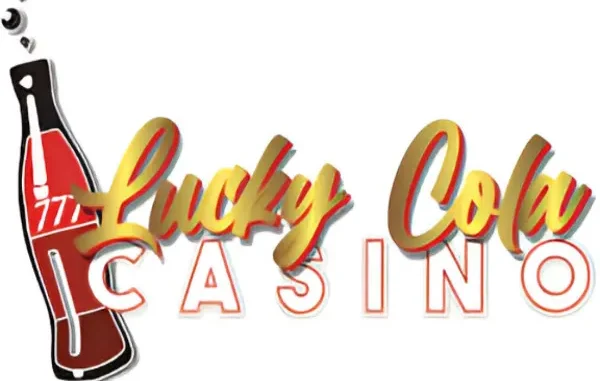 Lucky Cola Casino logo featuring a vintage red soda bottle and the words "Lucky Cola Casino" in stylized gold and red text.