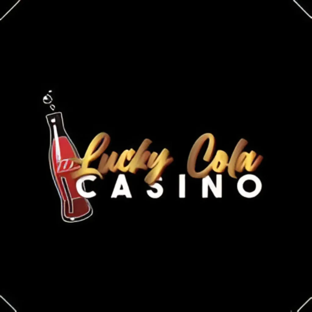 Lucky Cola Casino logo on a black background, featuring a stylized red soda bottle and the words "Lucky Cola" in gold script and "Casino" in white and red outline.