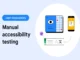 An illustration depicting "Manual accessibility testing" with an eye icon over a grid, a phone with an ear icon, and a document with text and language symbols, representing human-centric and sensory aspects of testing.