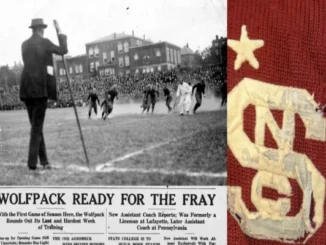 Early 20th-century photo of the NC State football team (then State College) playing on a grass field with a large crowd in the background, alongside a close-up of a vintage red knit sweater with "SC" and a white star.