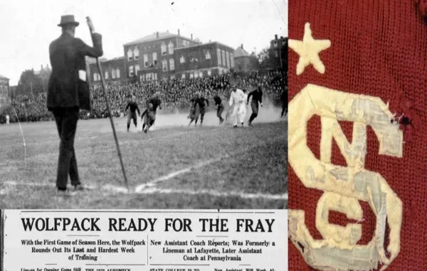 Early Days of State College Football and Team Spirit Early 20th-century photo of the NC State football team (then State College) playing on a grass field with a large crowd in the background, alongside a close-up of a vintage red knit sweater with "SC" and a white star.