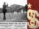 Early 20th-century photo of the NC State football team (then State College) playing on a grass field with a large crowd in the background, alongside a close-up of a vintage red knit sweater with "SC" and a white star.