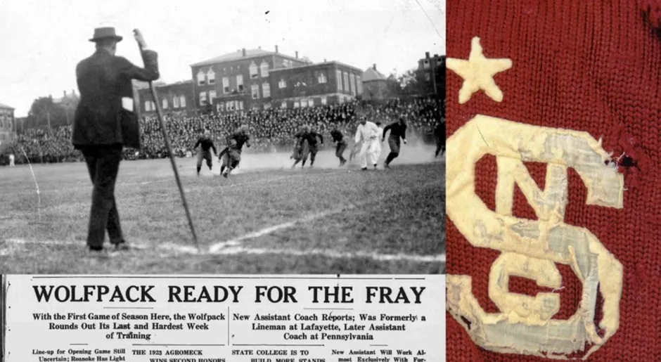 Black and white photograph showing an early 20th-century NC State (then State College) football game in progress with a large crowd, combined with a close-up of a vintage red knit sweater featuring "SC" and a star emblem.