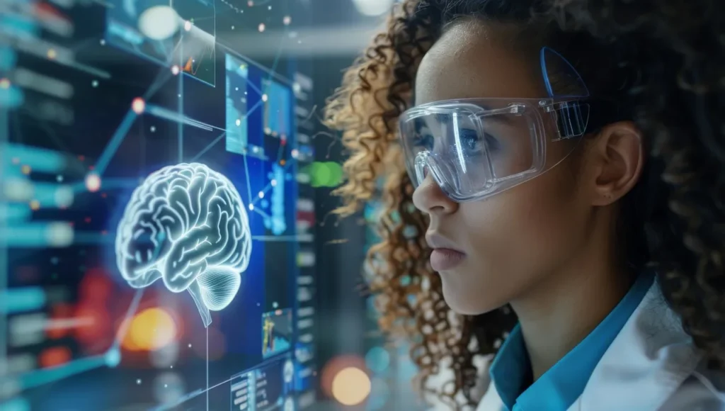 A focused female scientist with curly hair and safety goggles looking at a holographic display of a human brain with interconnected lines and data points, symbolizing neuroscience research.