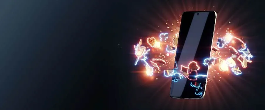 A smartphone radiating glowing casino game icons like card suits, dice, and a slot machine, symbolizing the excitement of popular online casino games accessible on mobile.