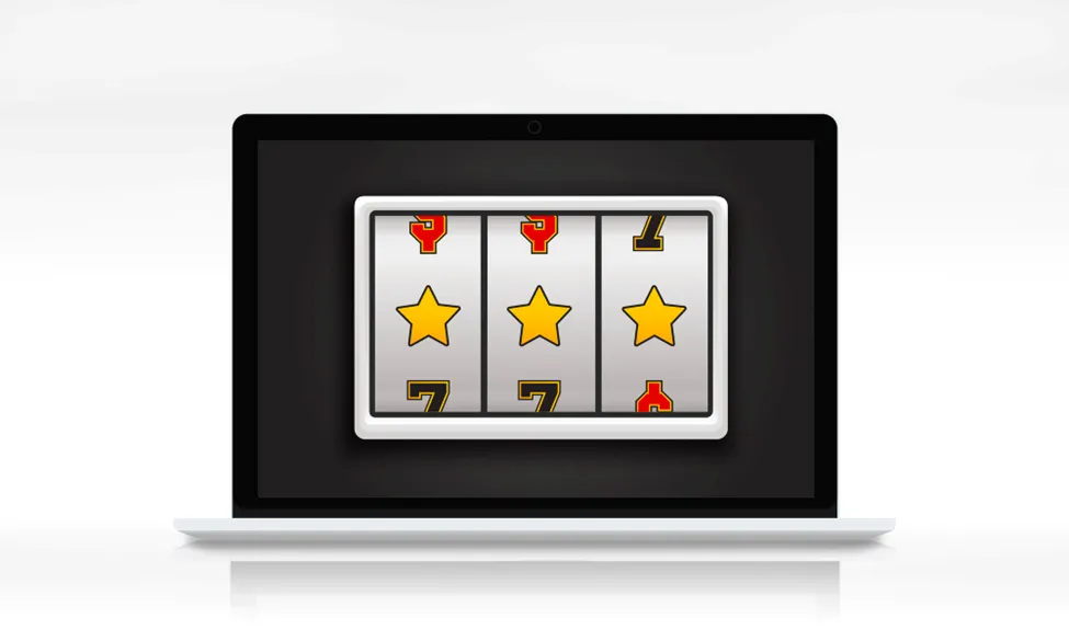 A digital illustration of a slot machine interface displayed on a laptop screen, emphasizing the concept of online casino gaming and its accessibility.