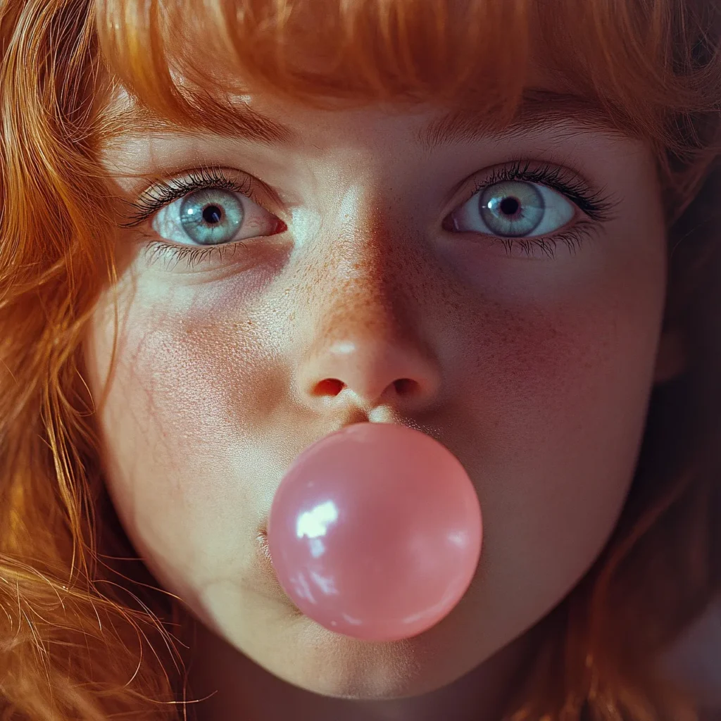 A close-up portrait of a person with light eyes and reddish hair, blowing a large, perfectly round pink bubble gum bubble. Their eyes are wide and focused on the viewer.