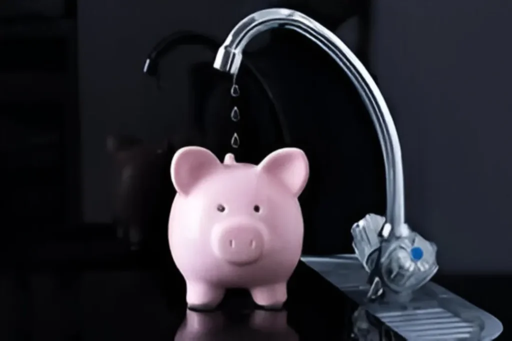 A pink piggy bank sitting under a dripping faucet against a dark background, symbolizing money being lost through water waste.