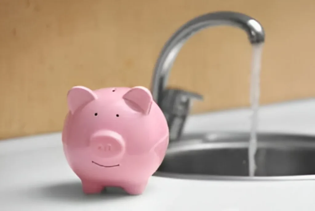 A pink piggy bank sitting on a countertop next to a kitchen sink with a faucet running water into it.