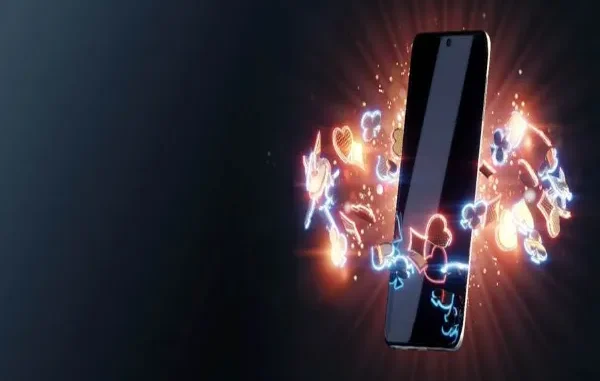 Mobile Gaming Experience: Popular Online Casino Games A smartphone glowing with vibrant, neon-lit casino game icons like card suits, dice, and slot machine symbols, against a dark background, representing popular online casino games.