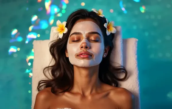 A woman with a white face mask and two plumeria flowers in her hair relaxes with her eyes closed, suggesting a serene and refreshing skincare treatment.