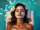 A woman with a white face mask and two plumeria flowers in her hair relaxes with her eyes closed, suggesting a serene and refreshing skincare treatment.