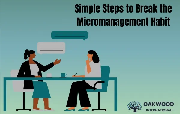 Simple Steps to Break the Micromanagement Habit Two women sitting at a desk, one speaking with animated hands and the other listening intently while taking notes, with speech bubbles above their heads, illustrating a coaching or discussion session.