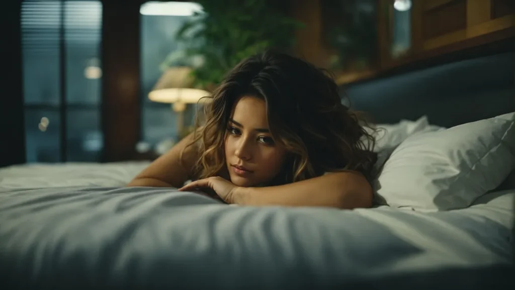A young woman with a pensive expression lies on her stomach in a dimly lit bedroom, suggesting difficulty sleeping or a restless night.