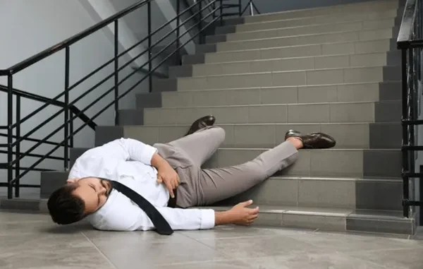 Slip and Fall Accident: Claiming Damages A man in a white shirt and khaki pants lying injured on the steps of a concrete staircase after a fall.