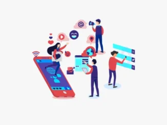 An illustration depicting people interacting with social media elements: a large smartphone displaying likes and followers, a megaphone, social media icons, and a person checking off tasks on a digital board, symbolizing social media marketing.