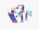 An illustration depicting people interacting with social media elements: a large smartphone displaying likes and followers, a megaphone, social media icons, and a person checking off tasks on a digital board, symbolizing social media marketing.